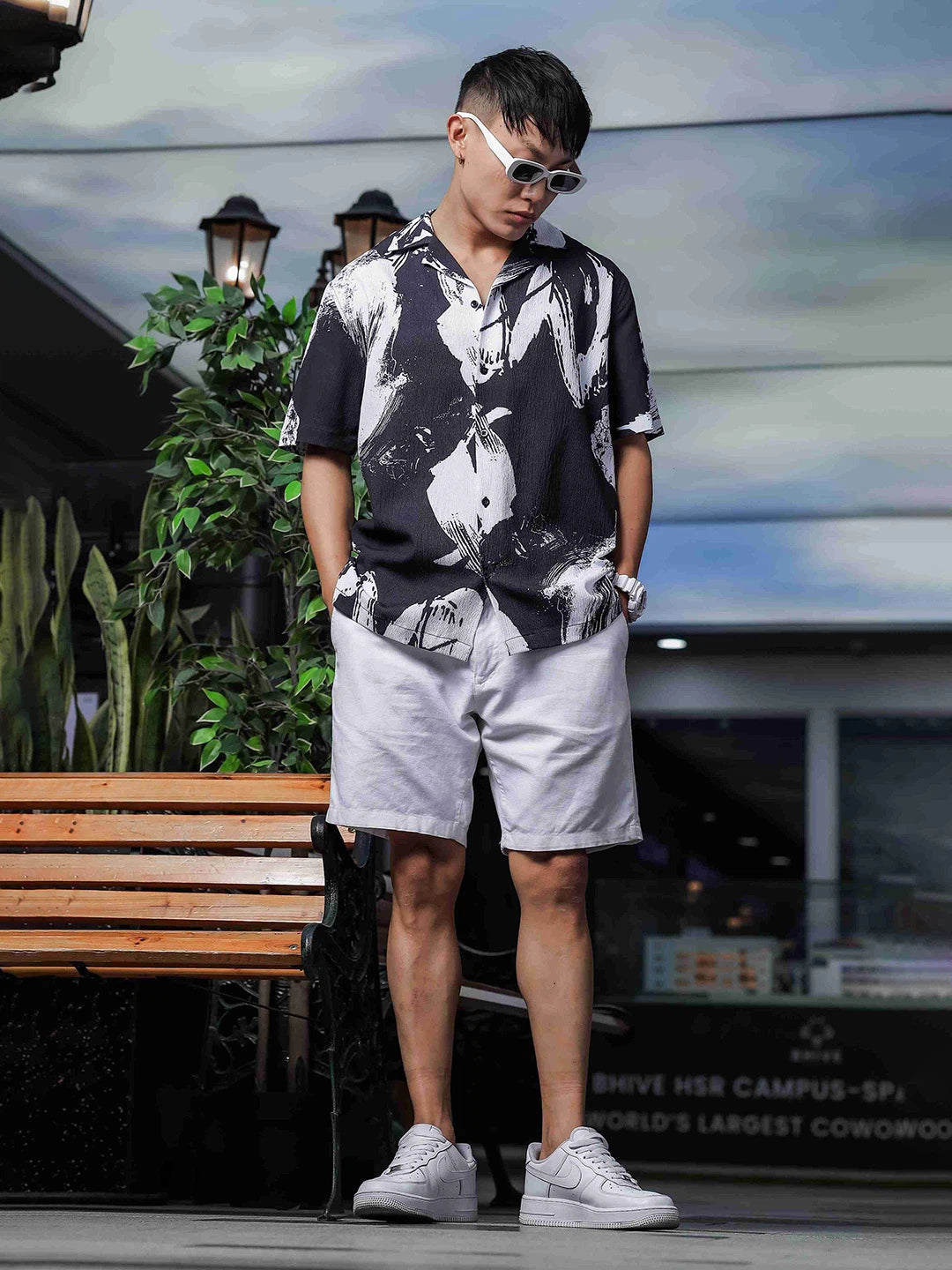 House Of Koala Black Abstract Printed Crinkled Fabric Cuban Collar Relaxed Fit Resort Shirt