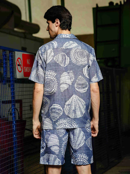 House Of Koala Grey Tropical Print Linen Blend Classic Cuban Collar Resort Shirt
