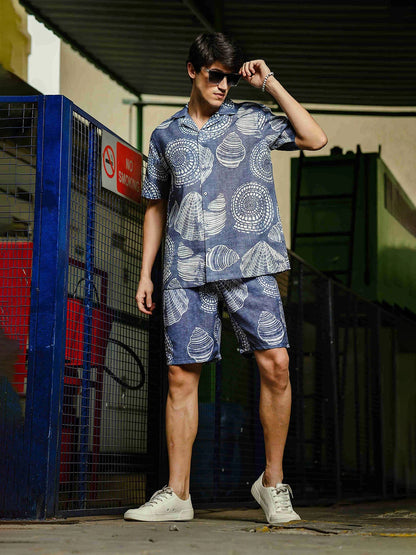 House Of Koala Grey Tropical Print Linen Blend Classic Cuban Collar Resort Shirt