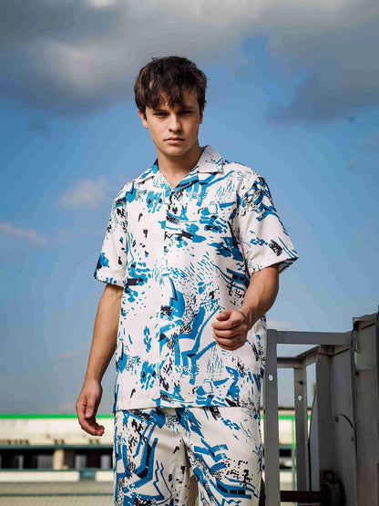 House Of Koala Off White Abstract Print Cuban Collar Relaxed Fit Resort Shirt