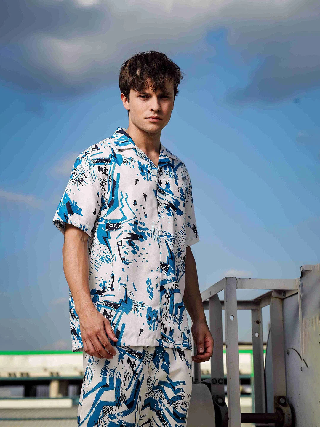 House Of Koala Off White Abstract Print Cuban Collar Relaxed Fit Resort Shirt