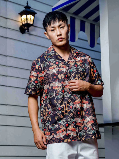House Of Koala Black Relaxed Fit Floral Printed Cuban Collar Resort Shirt