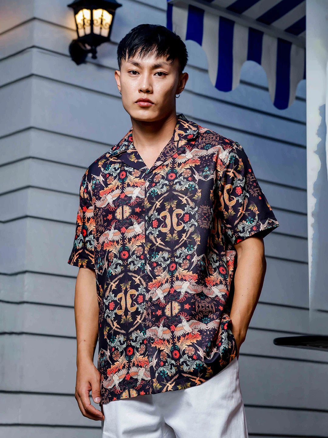 House Of Koala Black Relaxed Fit Floral Printed Cuban Collar Resort Shirt