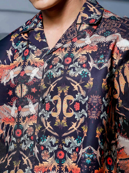 House Of Koala Black Relaxed Fit Floral Printed Cuban Collar Resort Shirt