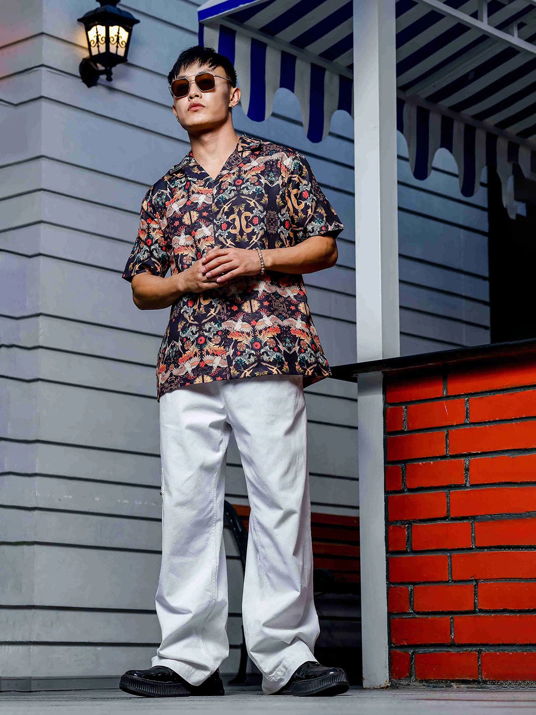 House Of Koala Black Relaxed Fit Floral Printed Cuban Collar Resort Shirt