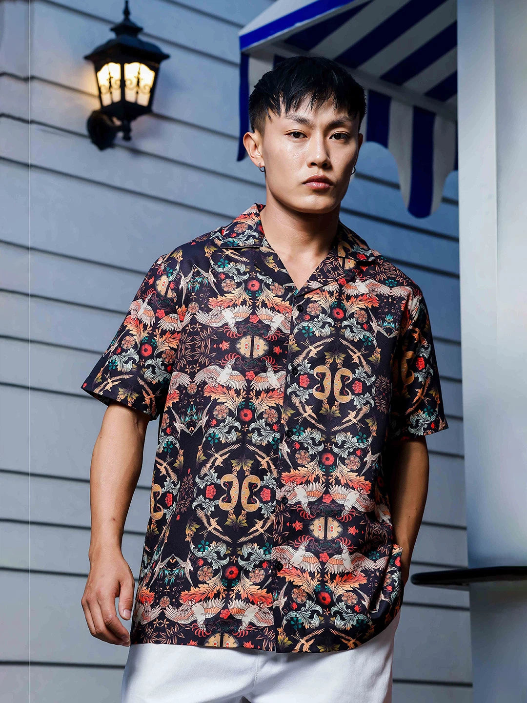 House Of Koala Black Relaxed Fit Floral Printed Cuban Collar Resort Shirt