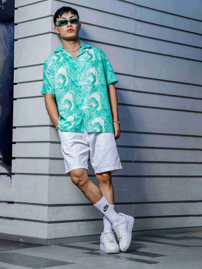 House Of Koala Green Aqua Print Relaxed Fit Cuban Collar Casual Shirt
