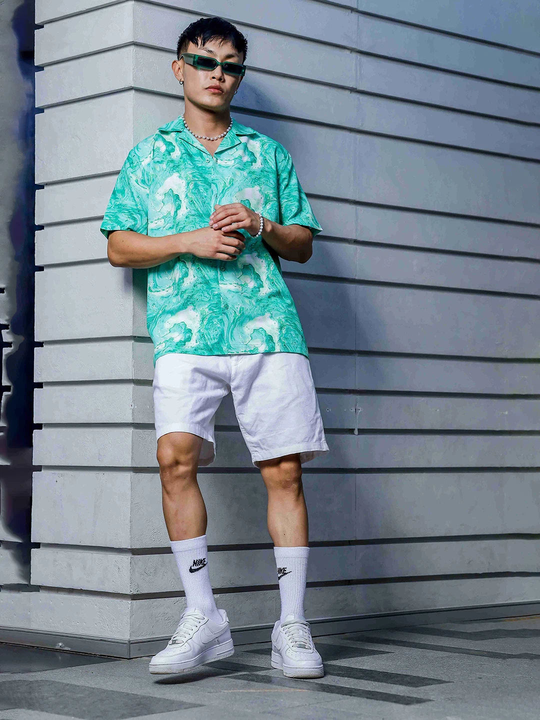 House Of Koala Green Aqua Print Relaxed Fit Cuban Collar Casual Shirt
