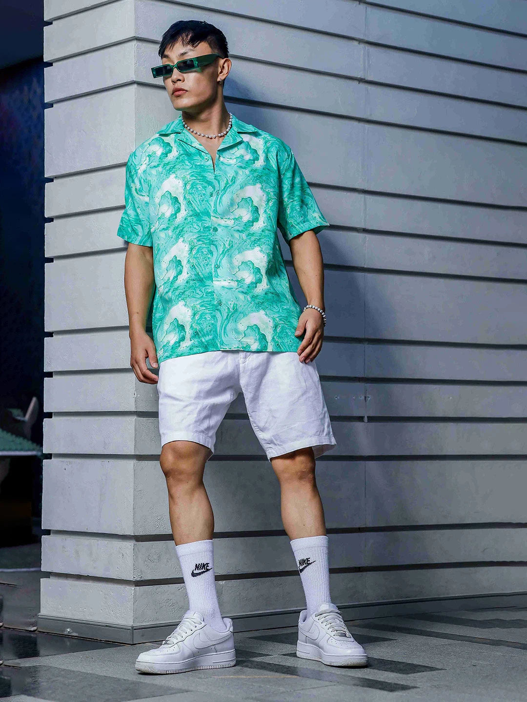 House Of Koala Green Aqua Print Relaxed Fit Cuban Collar Casual Shirt