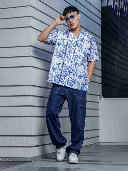 House Of Koala Abstract Tropical Print Cuban White Collar Oversized Resort Shirt