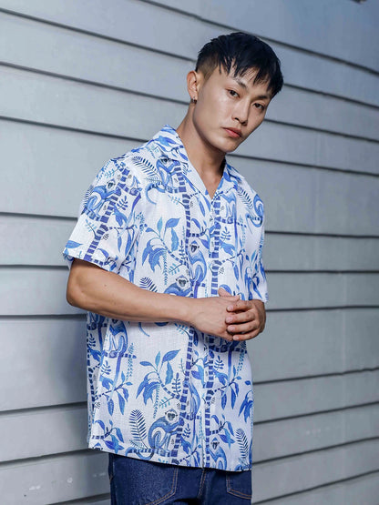 House Of Koala Abstract Tropical Print Cuban White Collar Oversized Resort Shirt