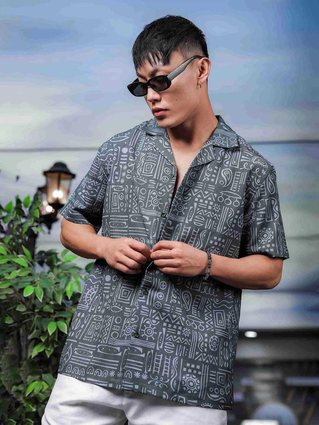 House Of Koala Abstract Tribal Print Cuban Collar Relaxed Fit Resort Shirt