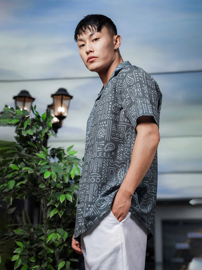House Of Koala Abstract Tribal Print Cuban Collar Relaxed Fit Resort Shirt