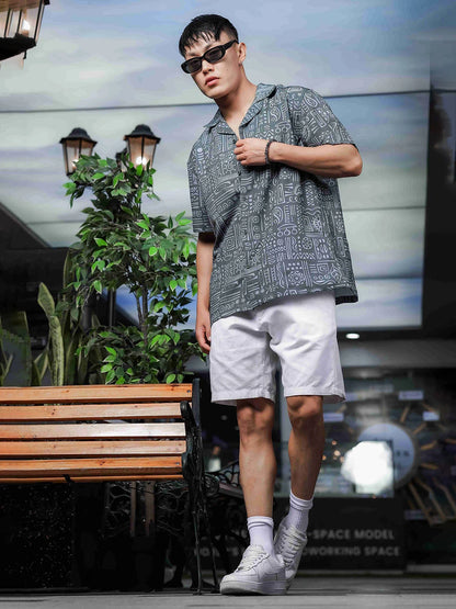 House Of Koala Abstract Tribal Print Cuban Collar Relaxed Fit Resort Shirt