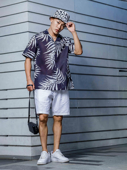 House Of Koala Black Tropical Print Cuban Collar Oversized Resort Shirt