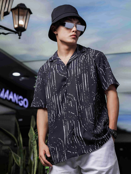 House Of Koala Black Abstract Printed Cuban Collar Relaxed Fit Resort Shirt