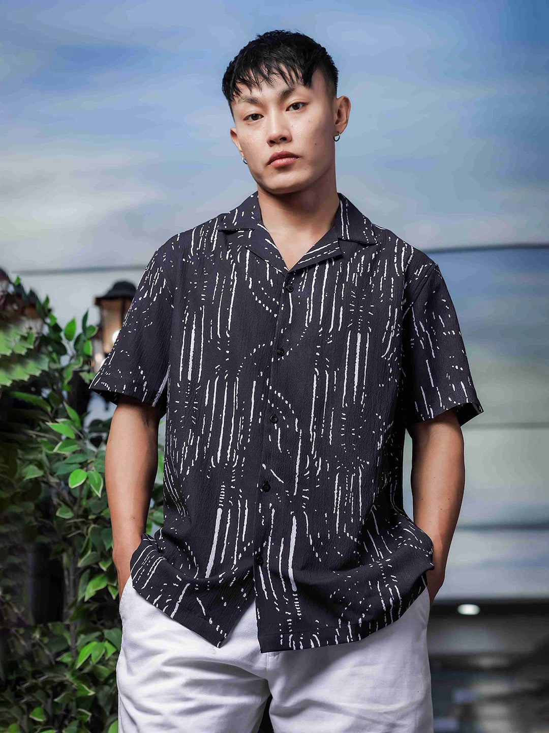 House Of Koala Black Abstract Printed Cuban Collar Relaxed Fit Resort Shirt