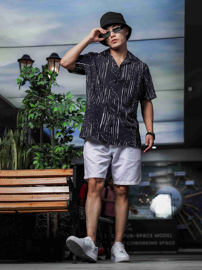 House Of Koala Black Abstract Printed Cuban Collar Relaxed Fit Resort Shirt