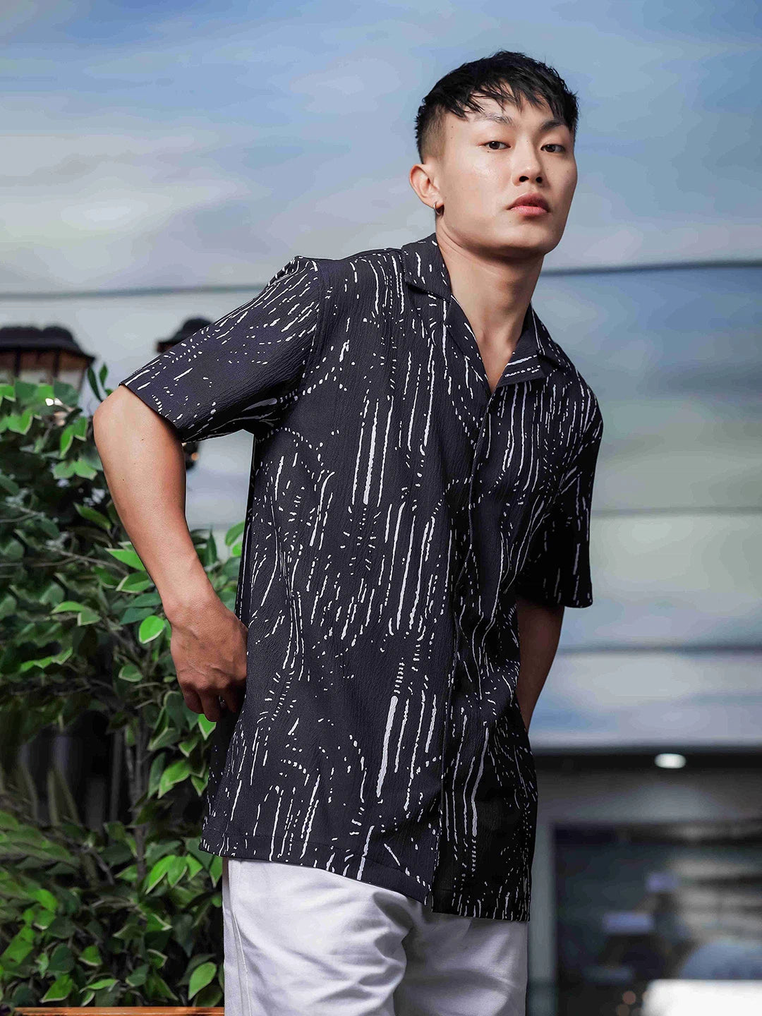House Of Koala Black Abstract Printed Cuban Collar Relaxed Fit Resort Shirt