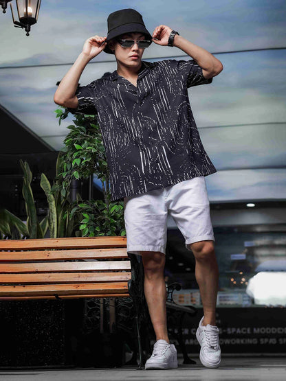 House Of Koala Black Abstract Printed Cuban Collar Relaxed Fit Resort Shirt