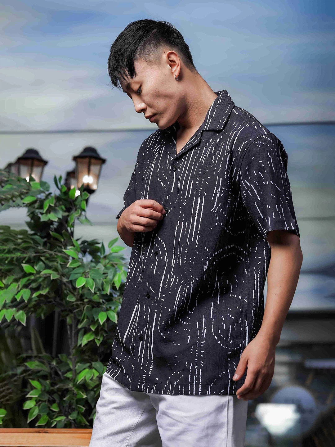 House Of Koala Black Abstract Printed Cuban Collar Relaxed Fit Resort Shirt