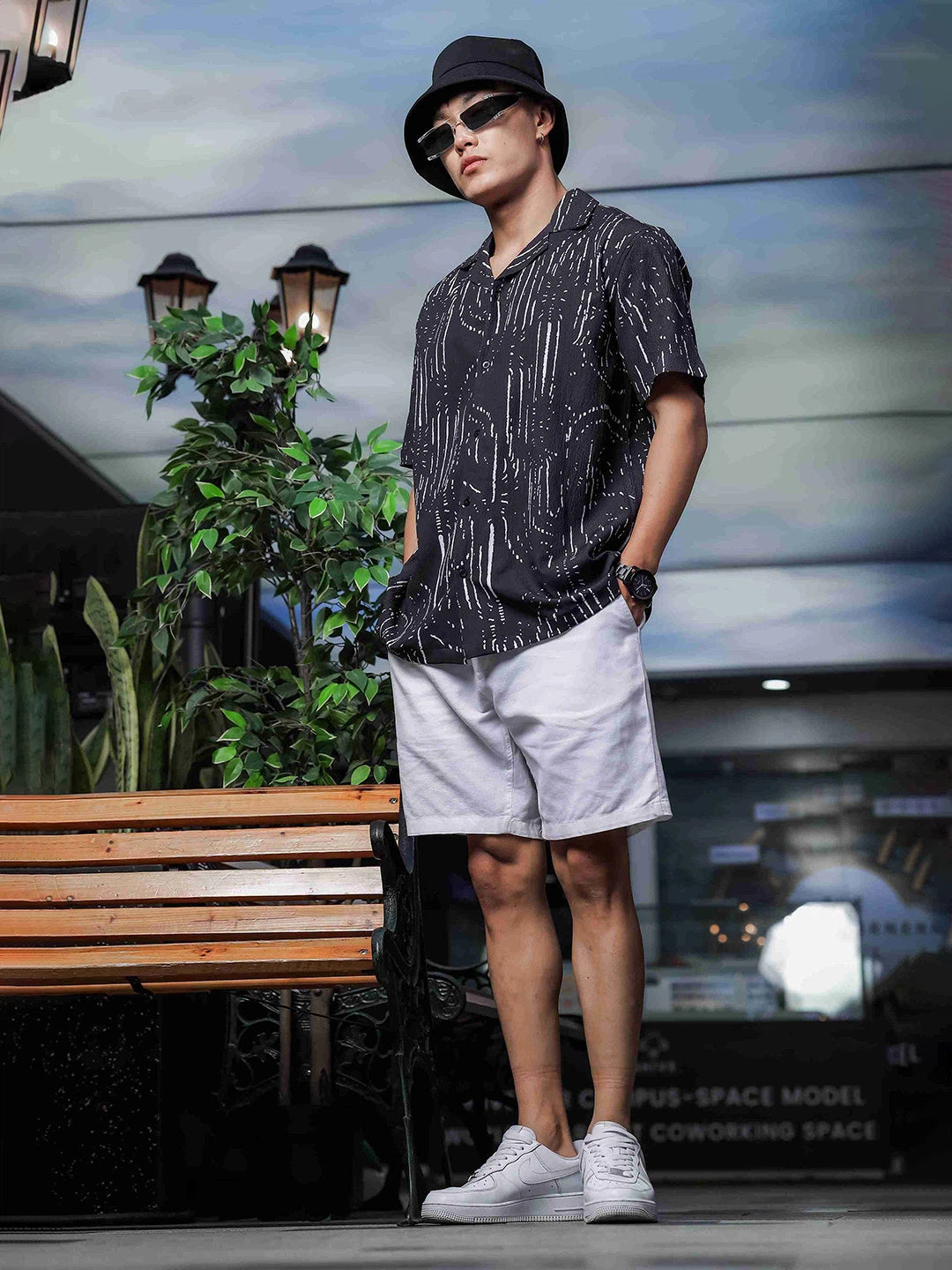 House Of Koala Black Abstract Printed Cuban Collar Relaxed Fit Resort Shirt