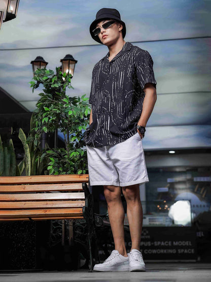 House Of Koala Black Abstract Printed Cuban Collar Relaxed Fit Resort Shirt