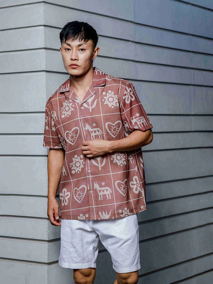 House Of Koala Linen Blend Abstract Tile Print Cuban Collar Oversized Resort Shirt
