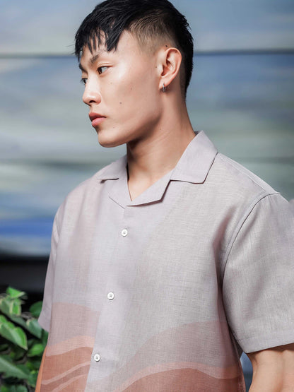 House Of Koala Brown Ombre Cuban Collar Relaxed Fit Linen Blend Resort Shirt