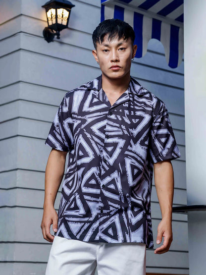 House Of Koala Black Abstract Print Cuban Collar Oversized Resort Shirt