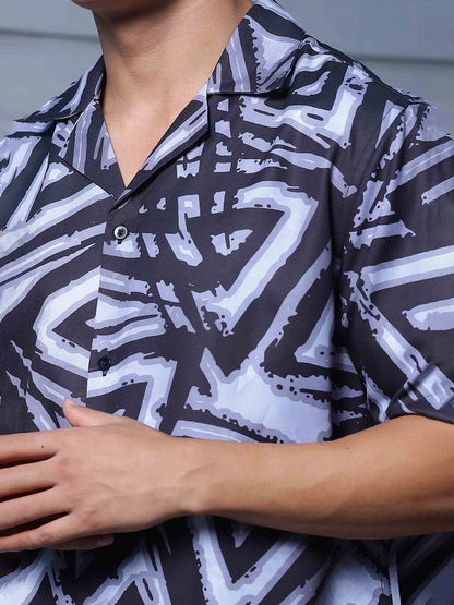 House Of Koala Black Abstract Print Cuban Collar Oversized Resort Shirt