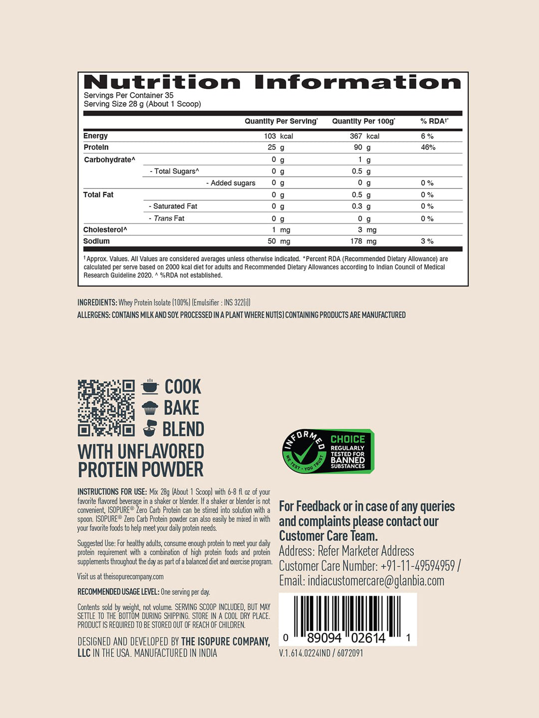 Isopure Zero Carb Whey Protein Isolate Unflavoured Powder 1 kg