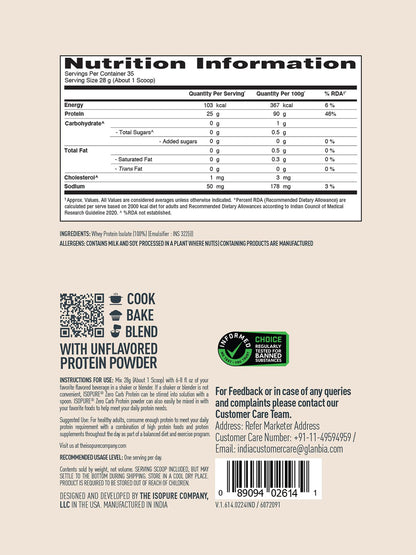 Isopure Zero Carb Whey Protein Isolate Unflavoured Powder 1 kg