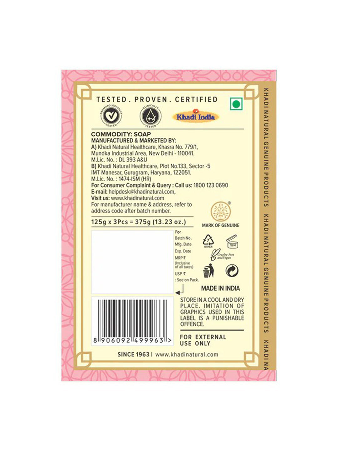 Khadi Natural Rosewater Soap