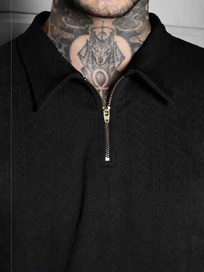 House Of Koala Black Textured Polo Neck Oversized T-Shirt