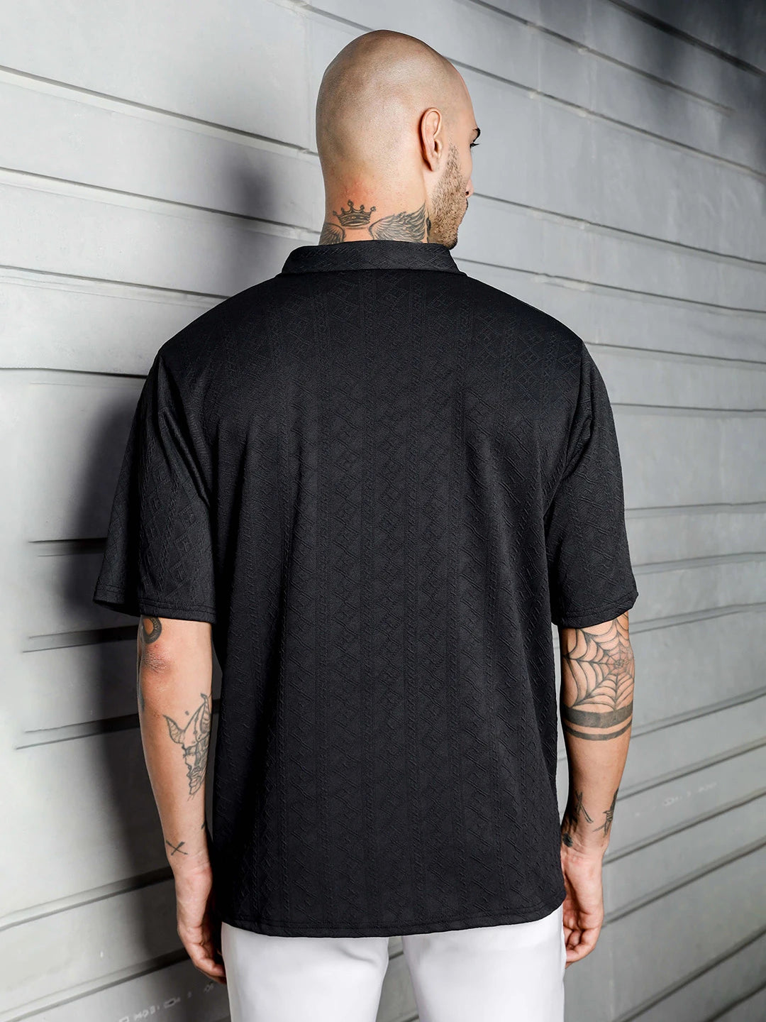 House Of Koala Black Textured Polo Neck Oversized T-Shirt