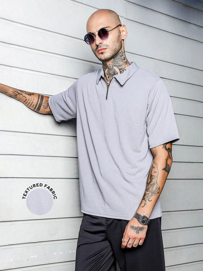 House Of Koala Grey Textured Polo Neck Oversized T-Shirt