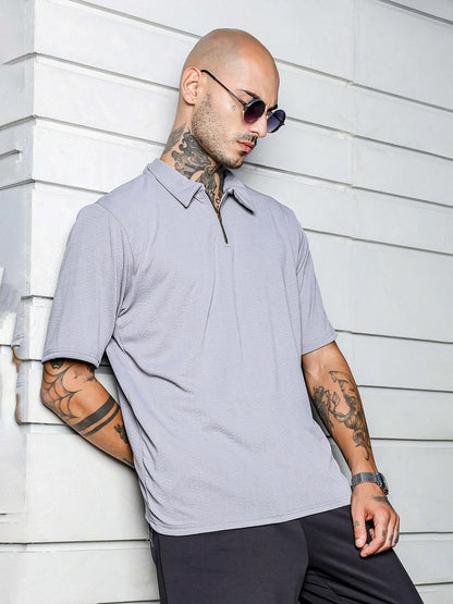 House Of Koala Grey Textured Polo Neck Oversized T-Shirt