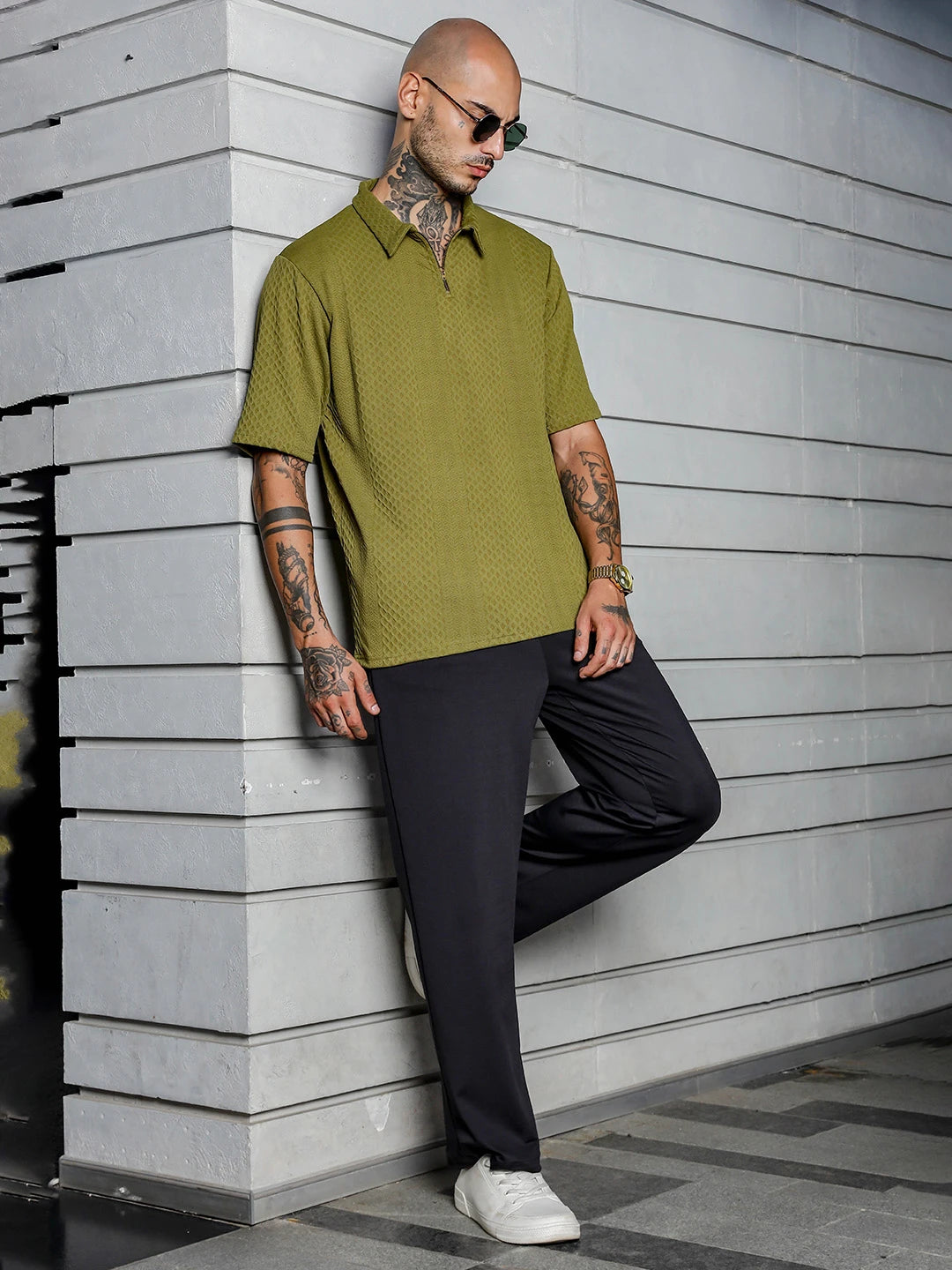 House Of Koala Olive Textured Polo Neck Oversized T-Shirt