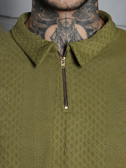 House Of Koala Olive Textured Polo Neck Oversized T-Shirt
