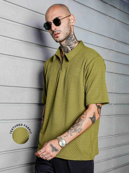 House Of Koala Olive Textured Polo Neck Oversized T-Shirt