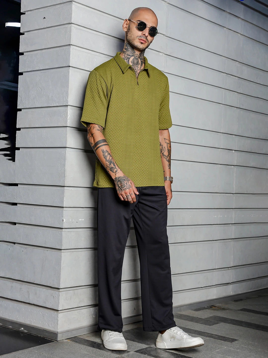 House Of Koala Olive Textured Polo Neck Oversized T-Shirt