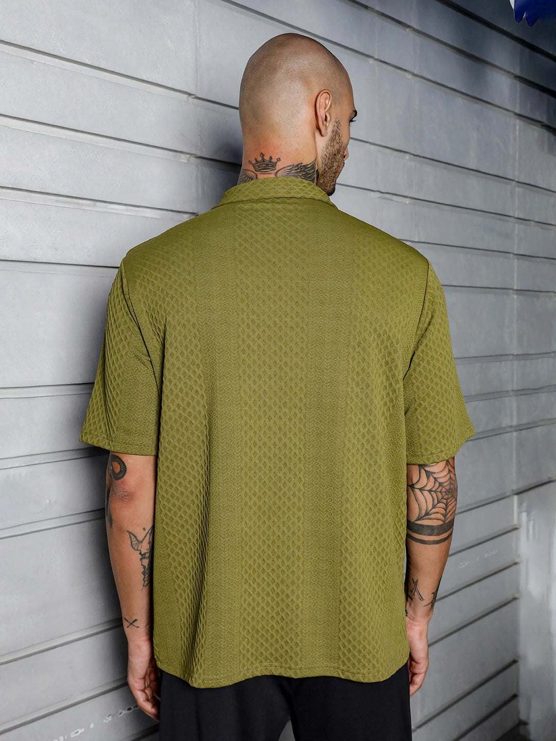 House Of Koala Olive Textured Polo Neck Oversized T-Shirt