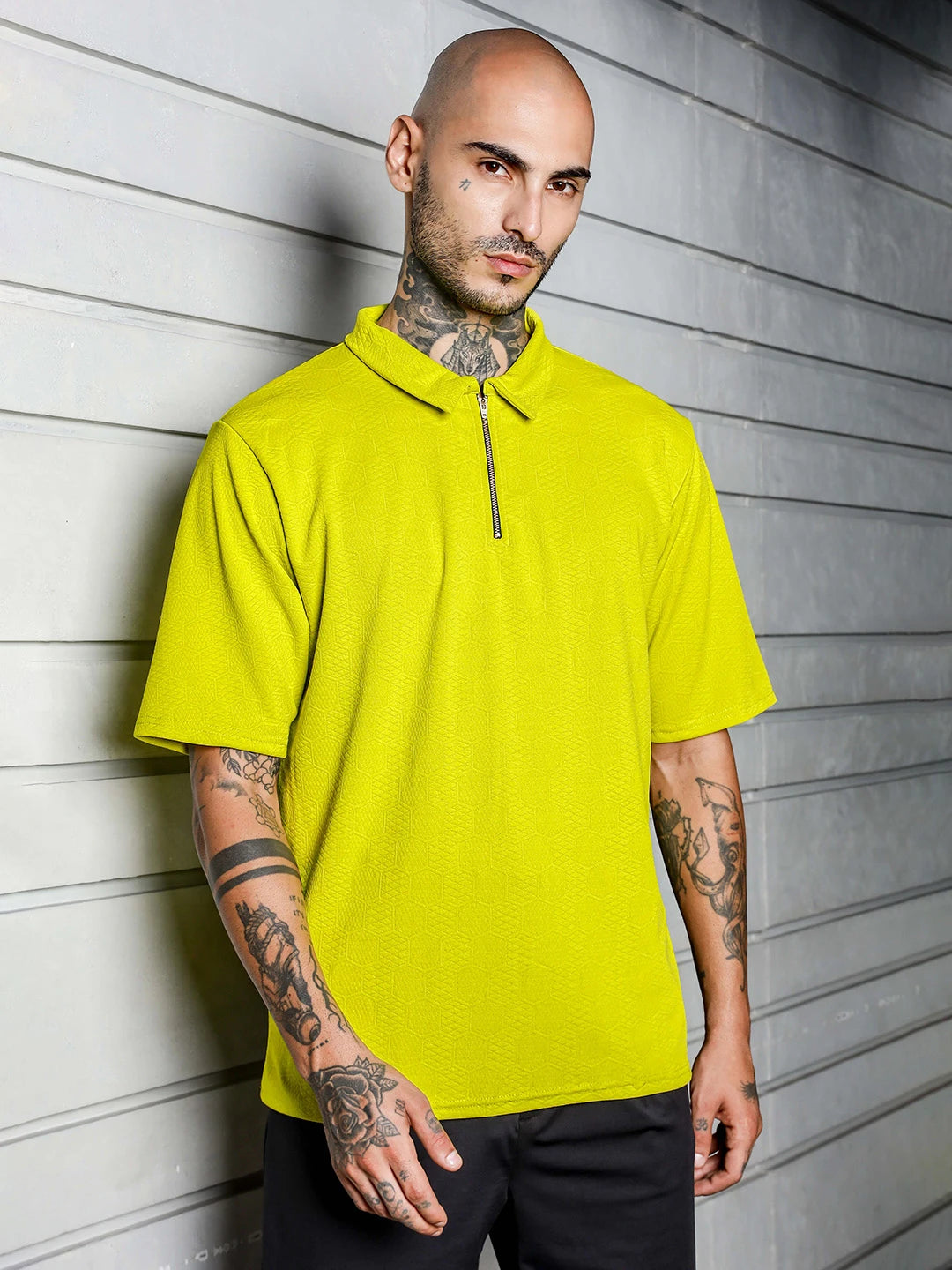 House Of Koala Lime Green Textured Polo Neck Relaxed Fit T-Shirt