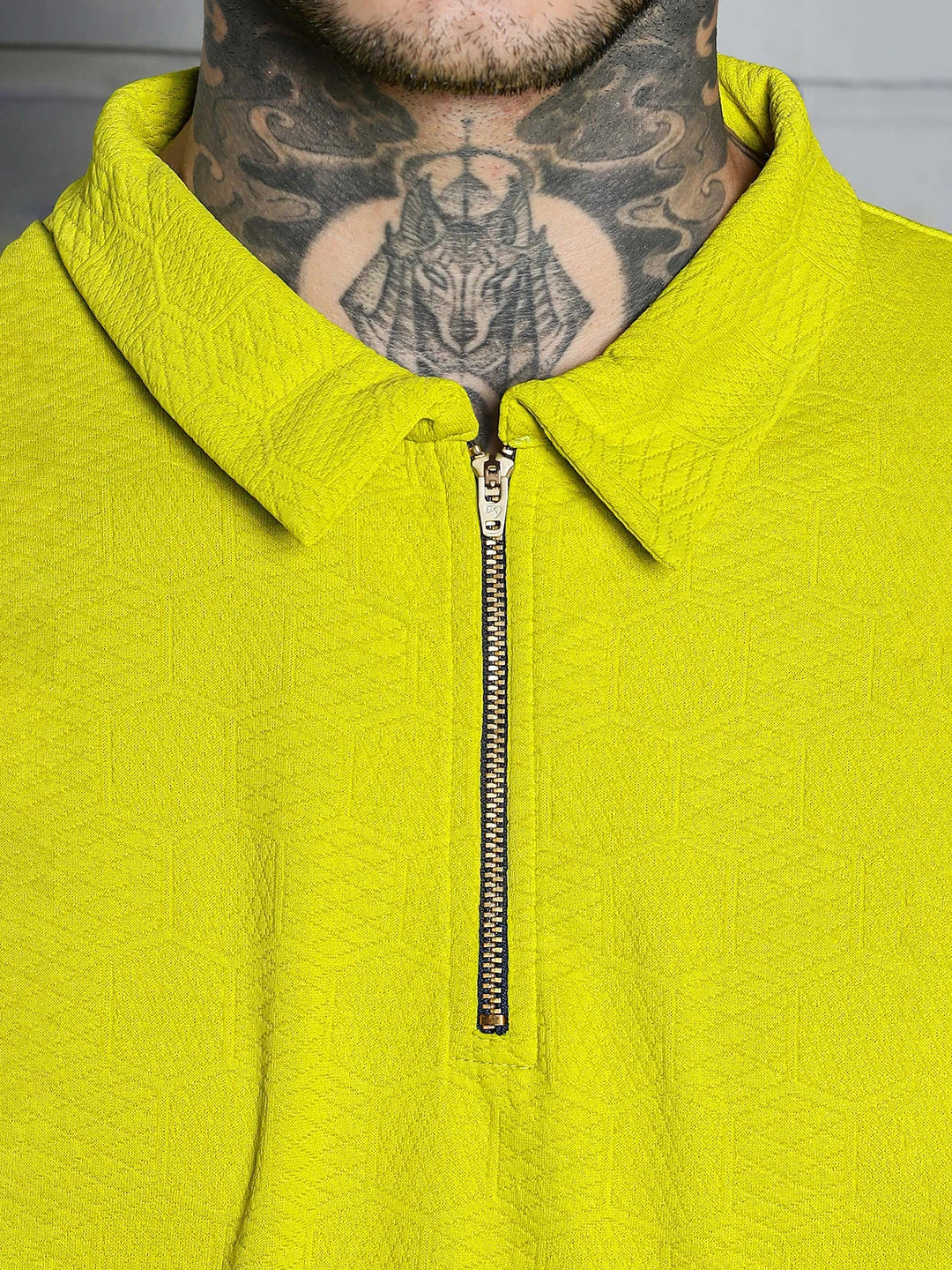 House Of Koala Lime Green Textured Polo Neck Relaxed Fit T-Shirt