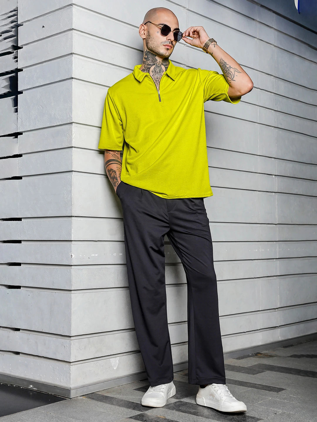 House Of Koala Lime Green Textured Polo Neck Relaxed Fit T-Shirt