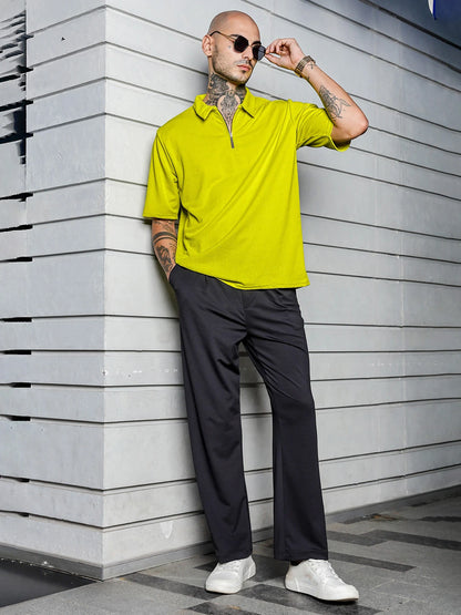 House Of Koala Lime Green Textured Polo Neck Relaxed Fit T-Shirt
