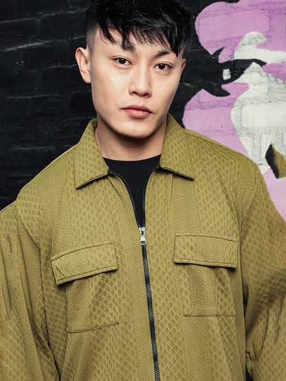 House Of Koala Olive Textured Drop-Shoulder Relaxed Fit Shirt Zipper Shacket
