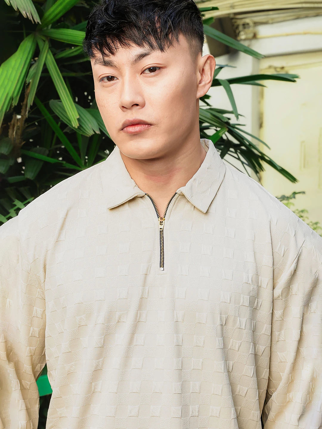 House Of Koala Off-White Solid Textured Cable Knit Drop-Shoulder Relaxed Fit Polo Neck Full Sleeve T-Shirt