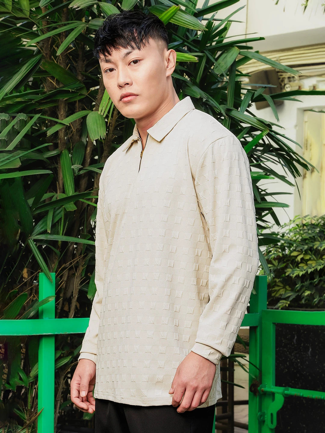 House Of Koala Off-White Solid Textured Cable Knit Drop-Shoulder Relaxed Fit Polo Neck Full Sleeve T-Shirt